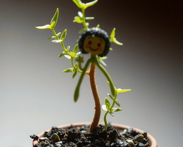 Small green plant in brown pot with whimsical character