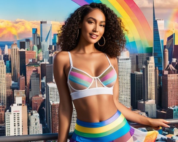 Confident Woman in Colorful Outfit Against City Skyline