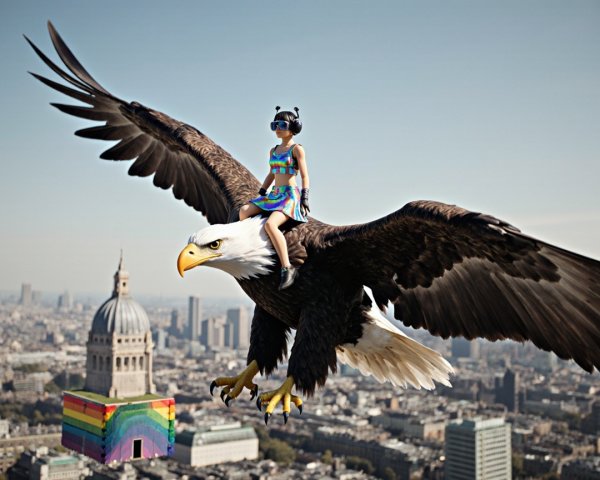 Girl in Colorful Outfit Riding Eagle Over City Skyline
