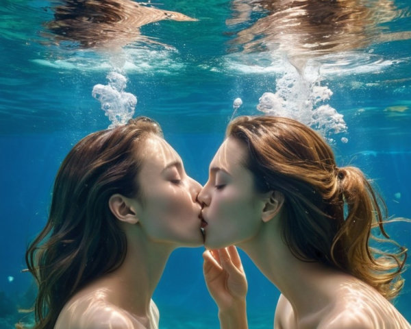 Underwater Kiss Between Two Women in Blue Water