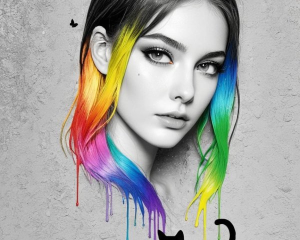 Black and White Portrait with Colorful Hair and Butterflies