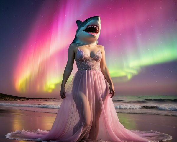 Surreal Beach Scene with Shark Head and Auroras
