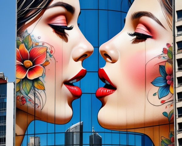Vibrant Mural of Two Women with Floral Designs