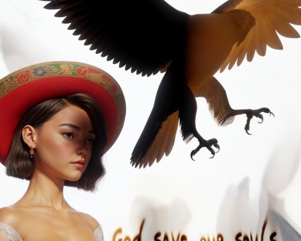 Young Woman with Bob Haircut and Soaring Bird of Prey