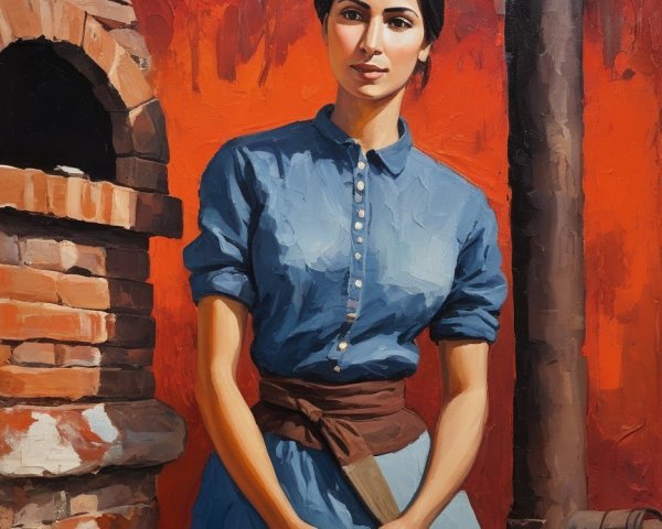 Woman in Blue Shirt by Brick Oven with Red Background