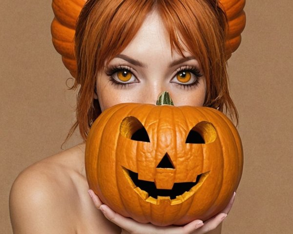 Young Woman with Red Hair and Halloween Jack-o'-Lantern