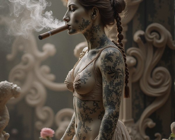 Contemplative Figure in Ornate Tattooed Setting