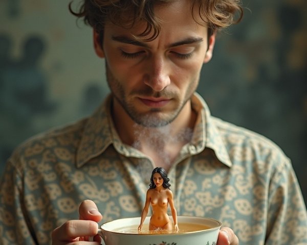 Young man observes whimsical scene in delicate teacup
