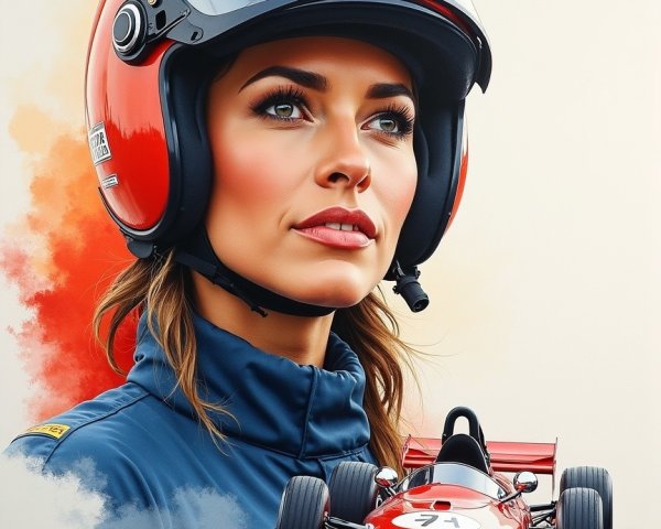 Confident Woman in Red Racing Helmet with Car