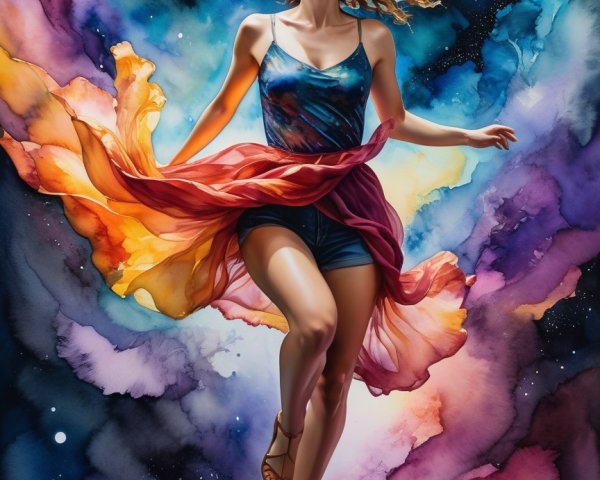 Vibrant fantasy scene with a dancing woman in colors