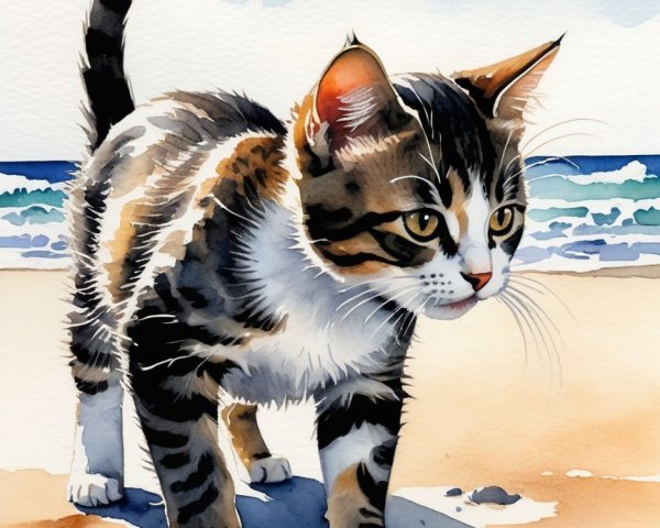 Watercolor Painting of Tabby Kitten on Beach