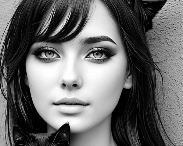 Black-and-White Portrait of a Young Woman with Cat Ears