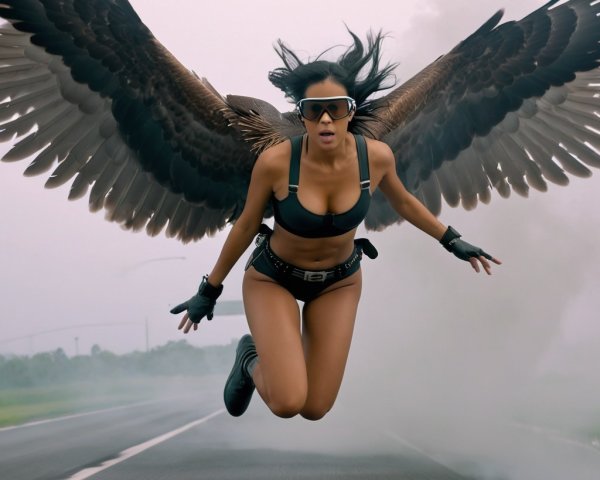 Woman with Eagle Wings in Mid-Air Action Scene