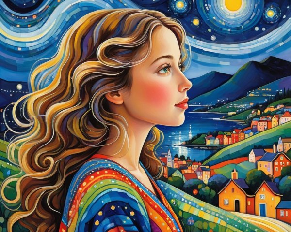 Young Woman Gazing at Starry Night Sky and Village