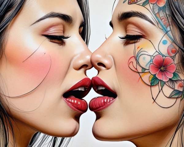 Intimate Moment of Two Women with Floral Tattoos