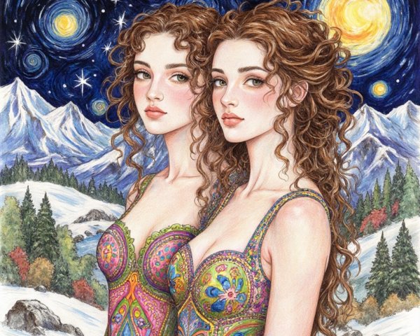 Young Women in Vibrant Dresses Under Starry Sky