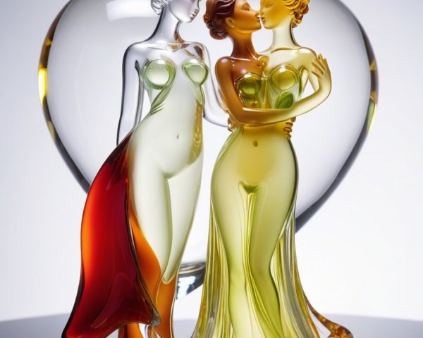 Glass Sculpture of Intertwined Figures with Heart Backdrop