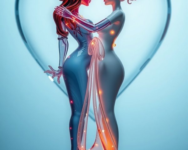 Surreal Heart-Shaped Glass Structure with Embracing Figures