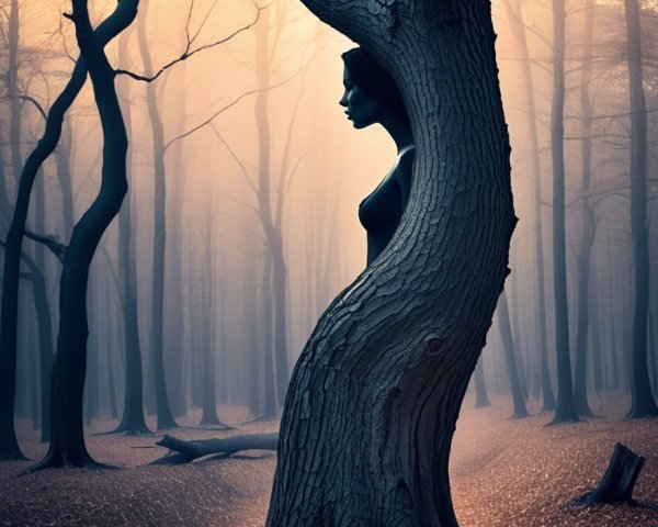 Gnarled Tree with Silhouette of Woman in Foggy Forest