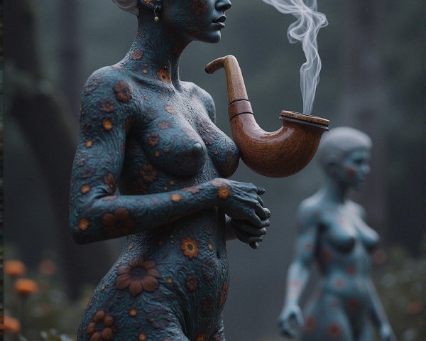 Ethereal Figures with Floral Tattoos in Misty Forest