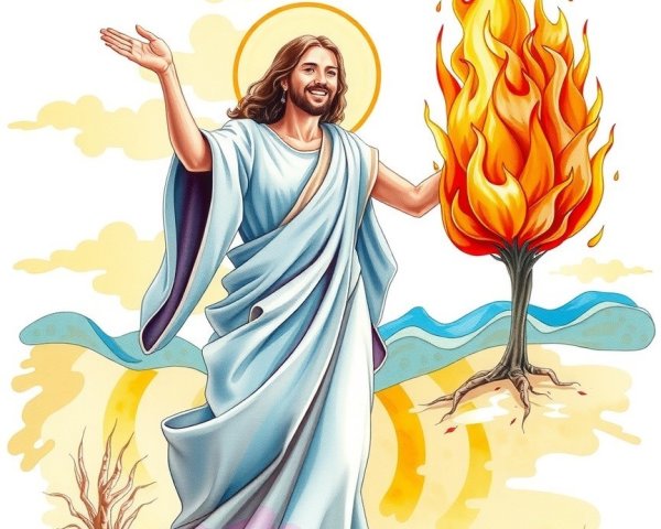 Biblical Figure in White Robe by Burning Bush