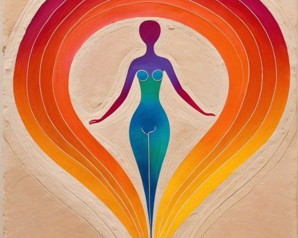 Stylized Figure in Blue and Purple with Vibrant Arcs