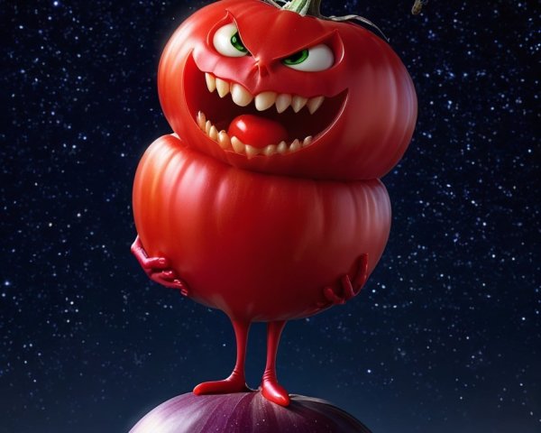 Cartoon Tomato Character on Purple Onion at Night
