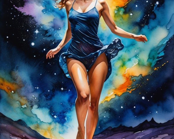 Young woman in teal dress in cosmic landscape