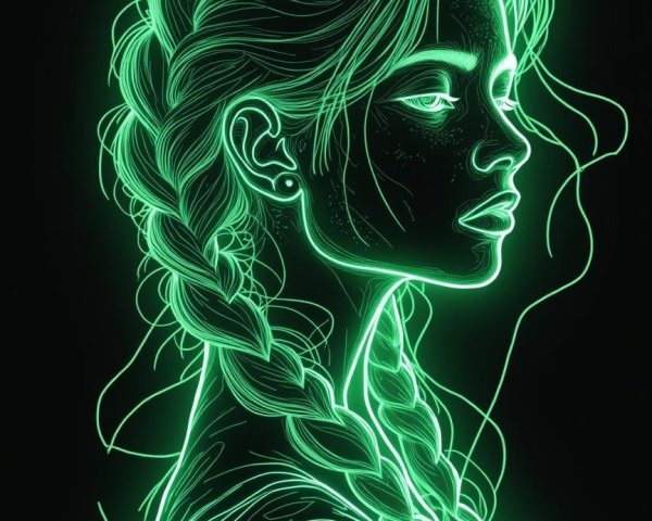 Neon Illustration of Woman with Braided Hair in Profile