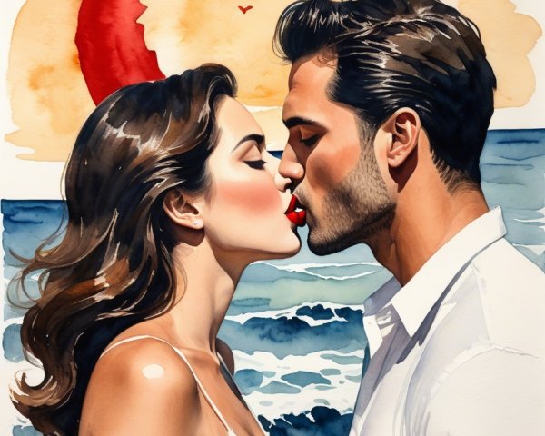Romantic Beach Kiss with Watercolor and Crescent Moon