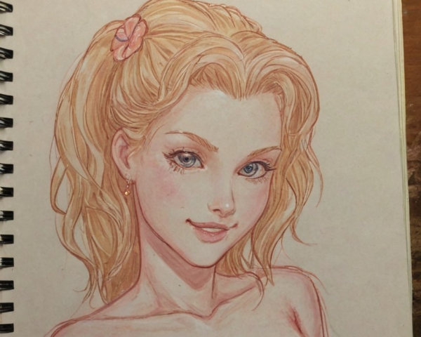 Sketch of a Young Woman with Blonde Hair and Flower