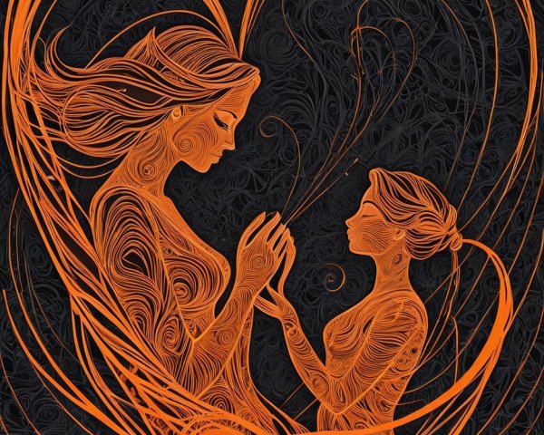 Abstract Art of Two Intertwined Figures in Orange