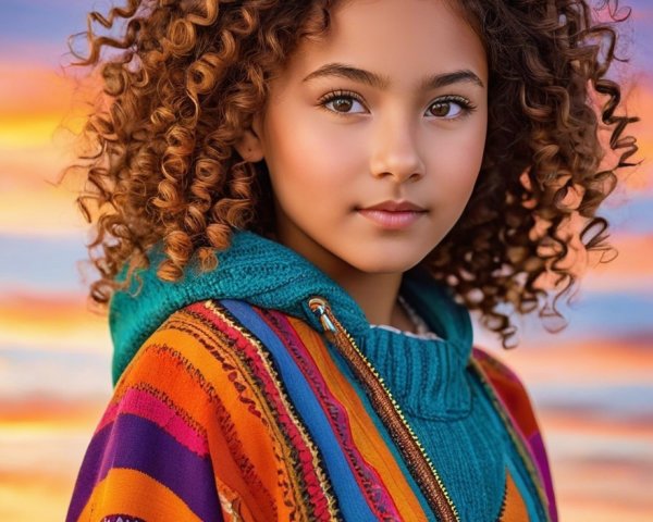 Young girl with curly hair in sunset backdrop