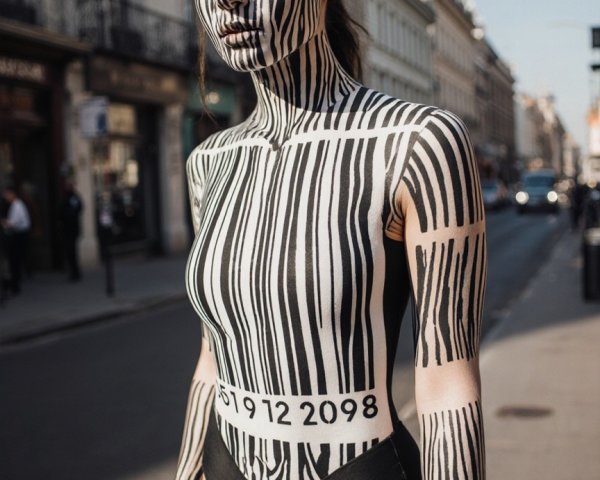 Model with Barcode Body Paint on City Street