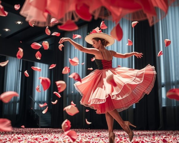Dancer in Pink Dress Surrounded by Rose Petals