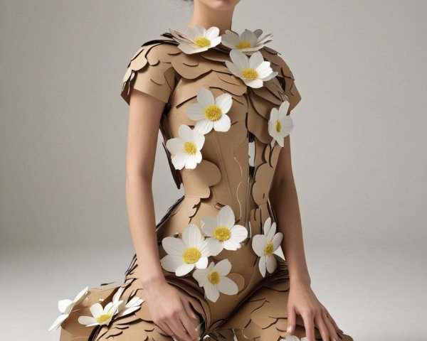 Sculptural Dress with Floral Embellishments in Studio