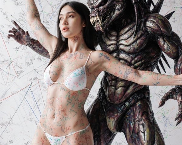 Model with Body Art Beside Menacing Creature