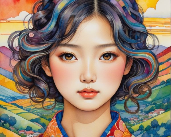 Young girl with colorful hair in vibrant garment against sunset