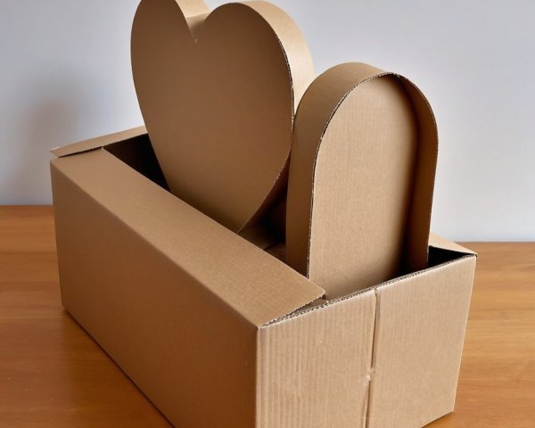 Cardboard Box with Heart and Arch Shapes on Wood