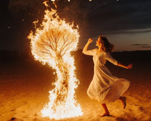 Woman in White Dress Dances by Fiery Tree at Dusk
