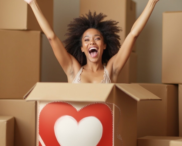 Joyful woman celebrating from a cardboard box