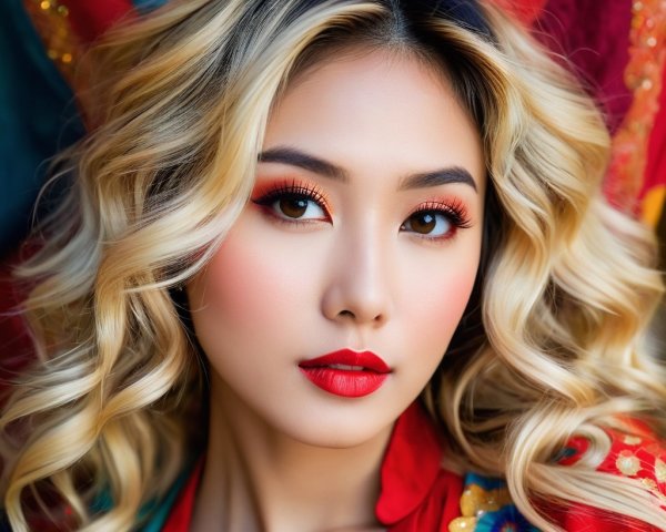 Vibrant Portrait of a Young Woman with Bold Makeup