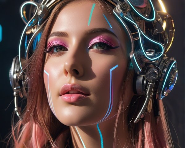 Futuristic Portrait of a Woman with Pink Hair and Headset