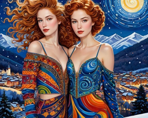 Elegant Women in Vibrant Dresses in Winter Landscape