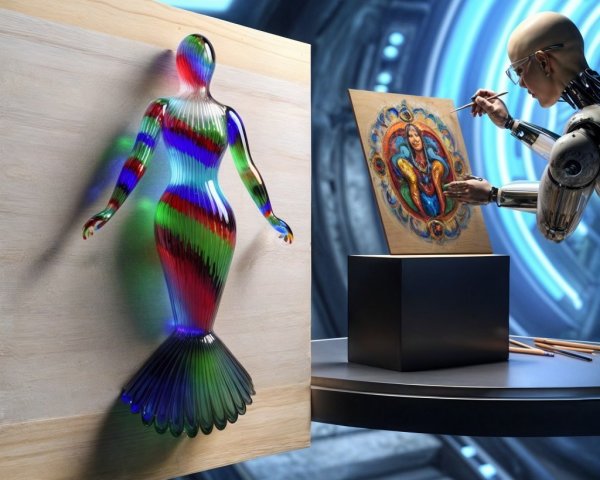Robotic Figure Painting Vibrant Mermaid Sculpture