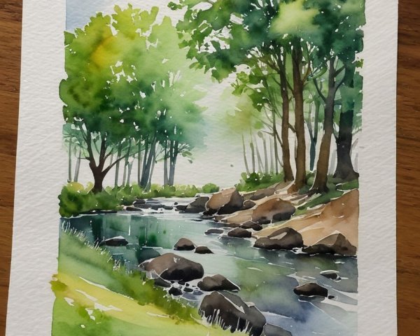 Watercolor Painting of a Tranquil Riverbank Scene