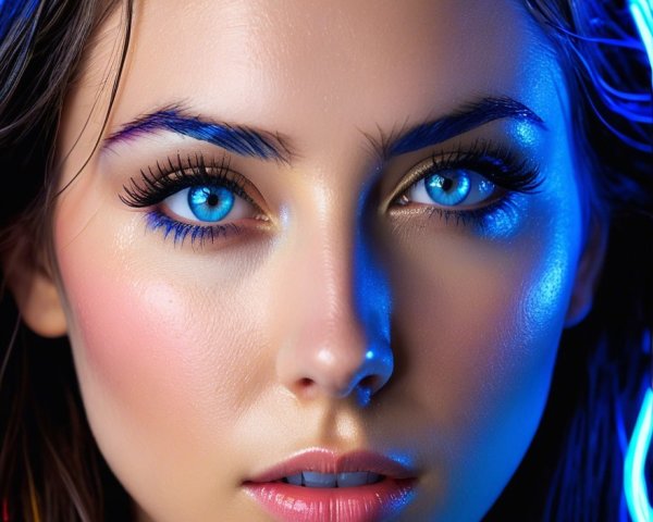 Close-Up of Young Woman with Glowing Skin and Blue Eyes