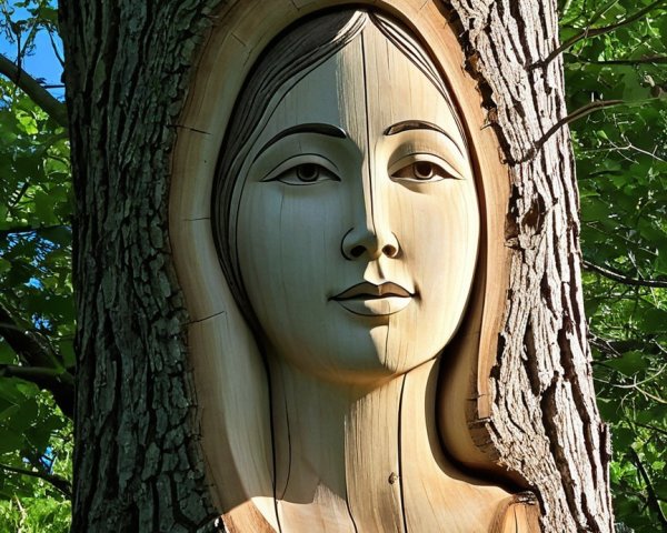 Wooden Face Sculpture of Serene Woman in Tree Trunk