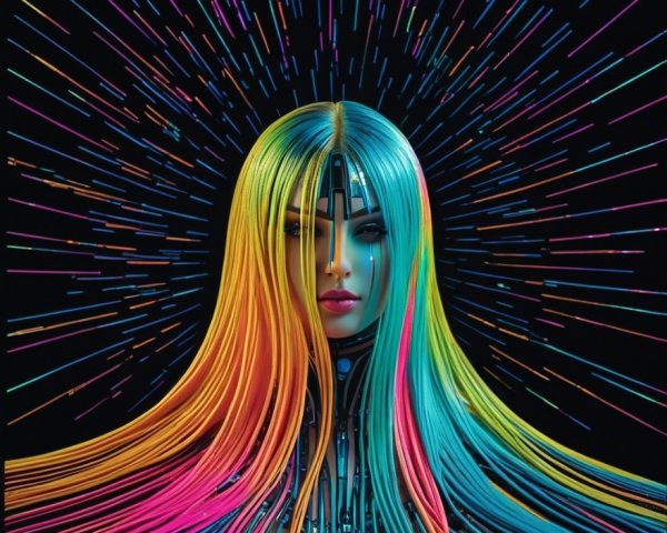 Futuristic Figure with Vibrant Multicolored Hair
