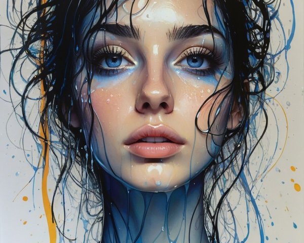 Portrait of a Young Woman with Blue Paint and Water
